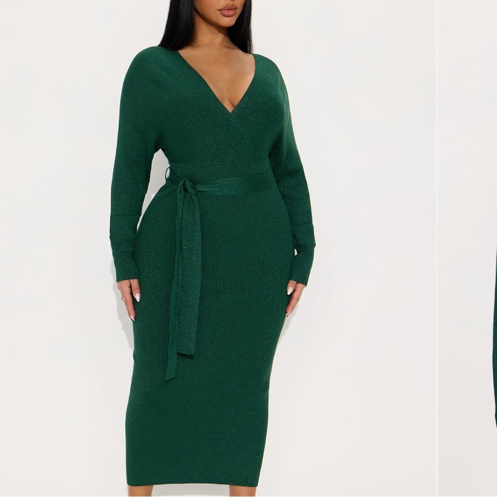 Fashion Nova Green Glitter Sweater Dress